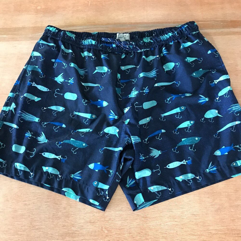 Ocean Coast Board Swim Shorts Men XXL Blue Fish Print Pocket Tie Waist Beach